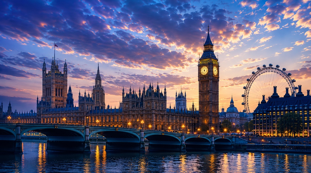 The Houses of Parliament, the Elizabeth Tower and Westminster Bridge on the Thames at dusk