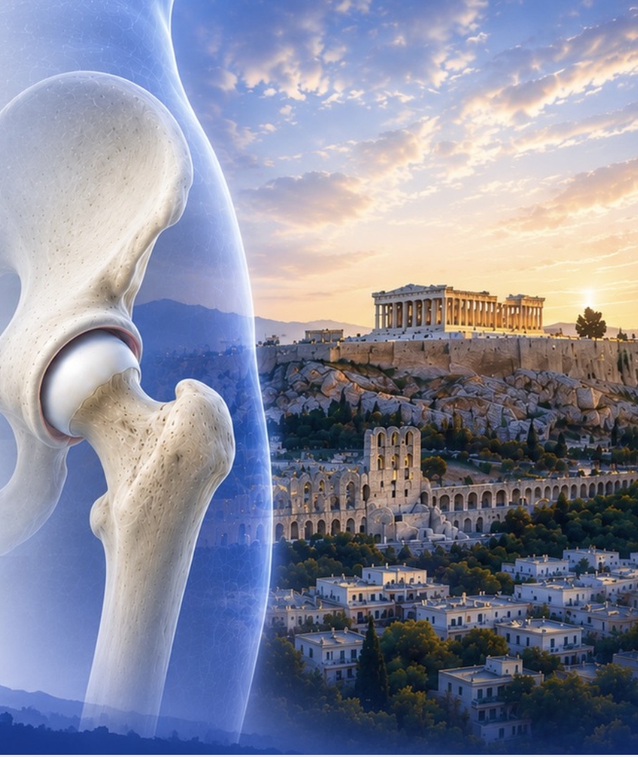 A hip joint anatomy render beside the Acropolis of Athens at sunset