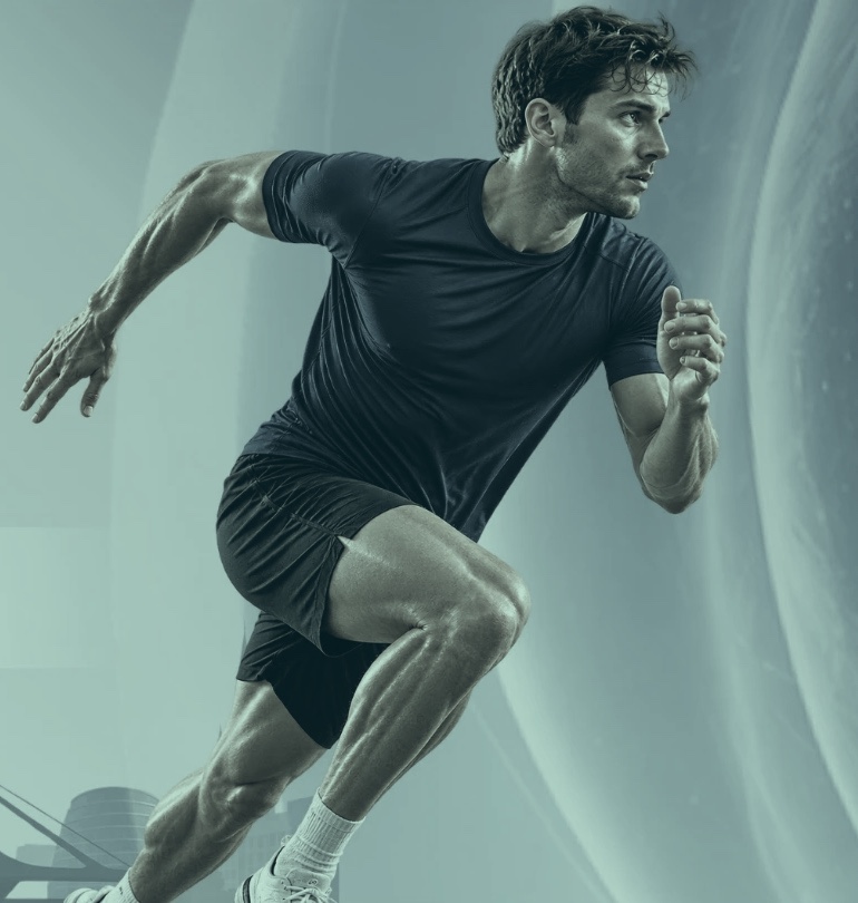 An athlete sprinting, in the meeting&rsquo;s petrol tones