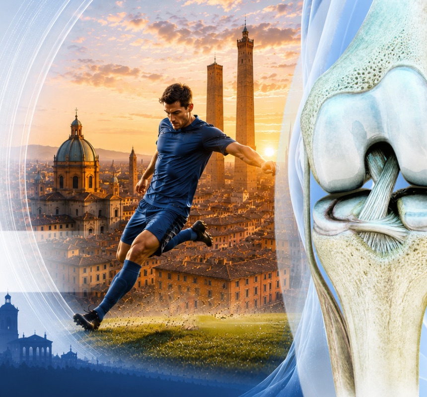 A footballer mid-kick in front of the rooftops and the Two Towers of Bologna at sunset, beside a render of the knee joint
